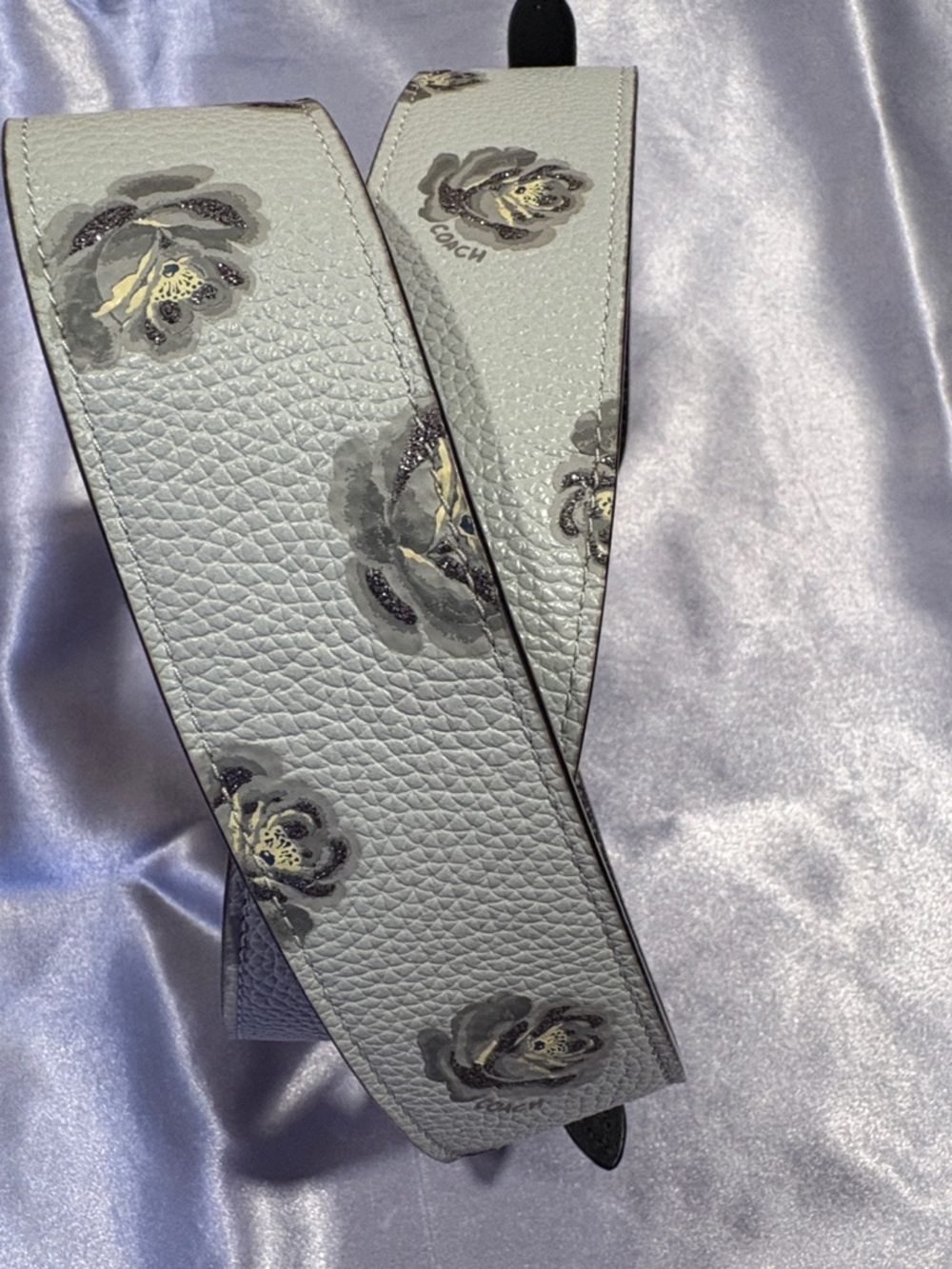 Coach Floral Leather Novelty Strap in Light Blue with Gray Glitter Accents